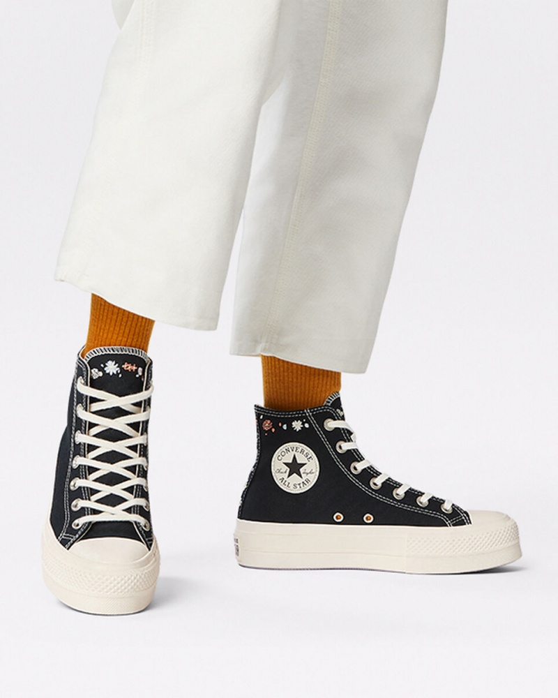 Converse Chuck Taylor All Star Lift Platform Embroidered Floral Svarta | 658IMBFDR