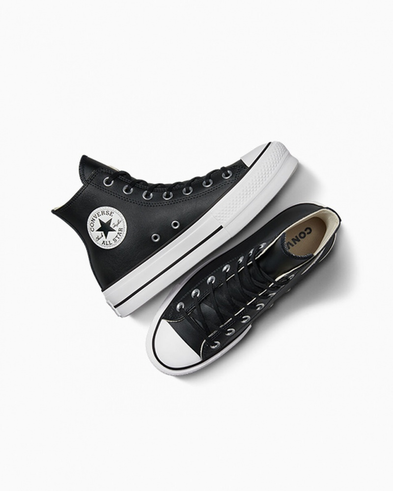 Converse Chuck Taylor All Star Lift Platform Läder Svarta Svarta Vita | 046VQMJYR