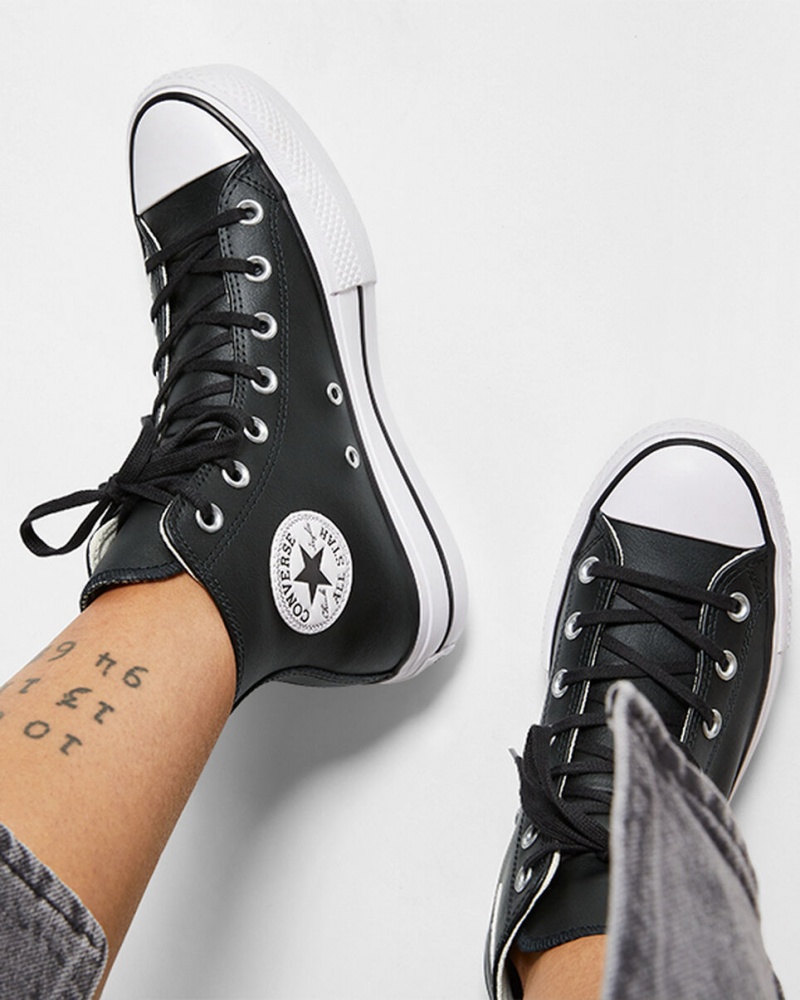 Converse Chuck Taylor All Star Lift Platform Läder Svarta Svarta Vita | 046VQMJYR