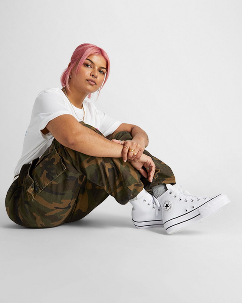 Converse Chuck Taylor All Star Lift Platform Läder Vita Svarta Vita | 623UNTQVO