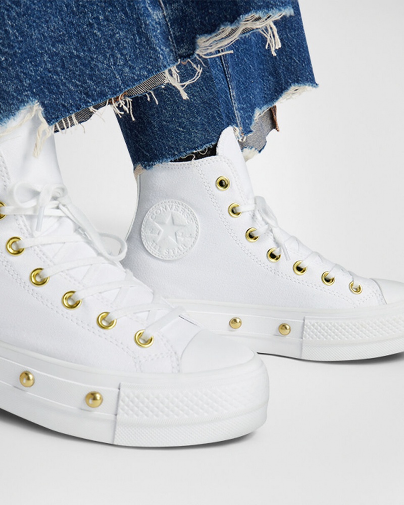 Converse Chuck Taylor All Star Lift Platform Star Studded Vita Vita Guld | 725LRONEJ