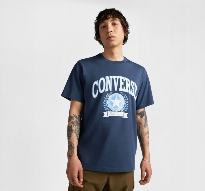 Converse Retro Collegiate Tryck T-Shirt Marinblå | 978BKZULO