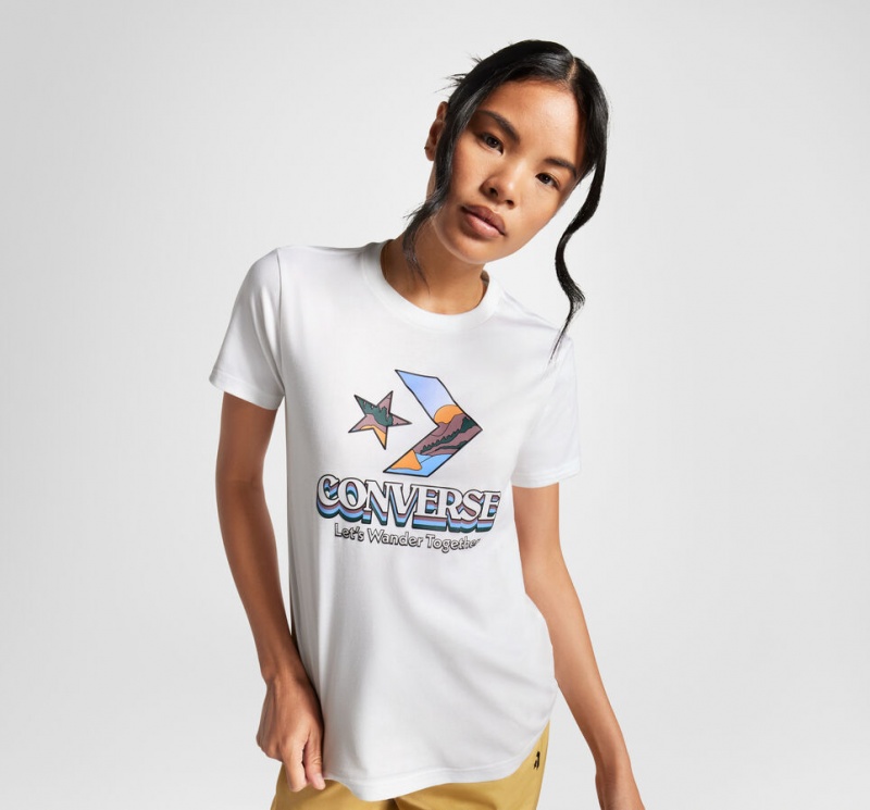 Converse Star Chevron Mountain Tryck T-Shirt Vita | 132IOYLUW
