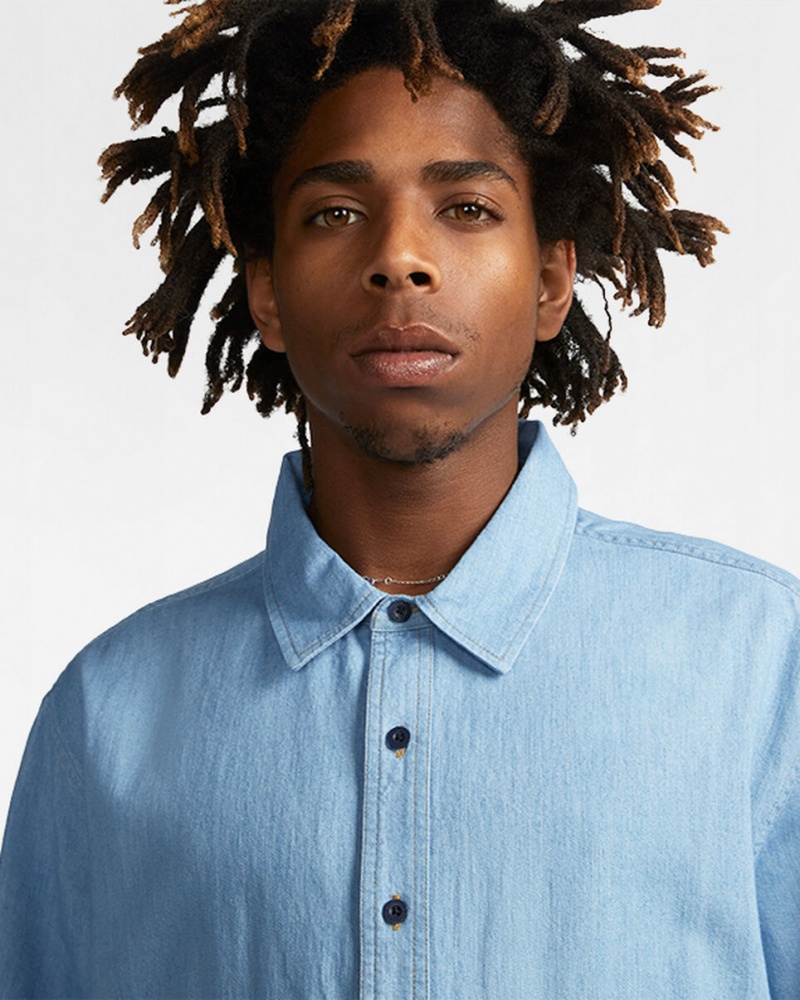 Converse Twill Denim Chambray Korta Sleeve Shirt Ljusblå | 526FURBOJ