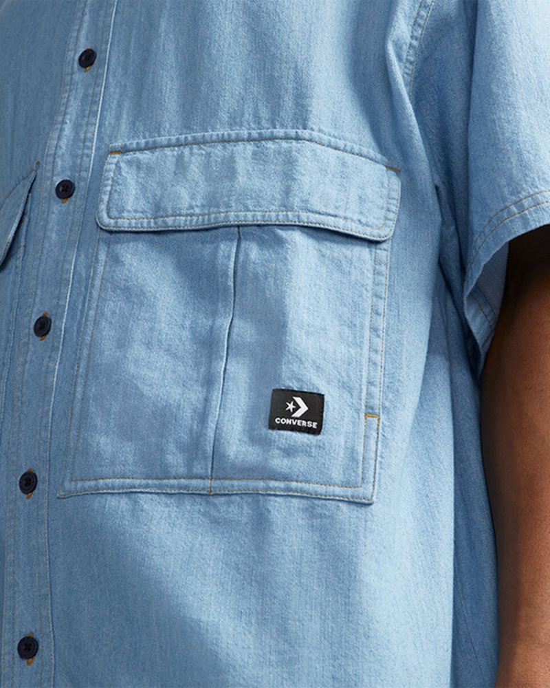 Converse Twill Denim Chambray Korta Sleeve Shirt Ljusblå | 526FURBOJ
