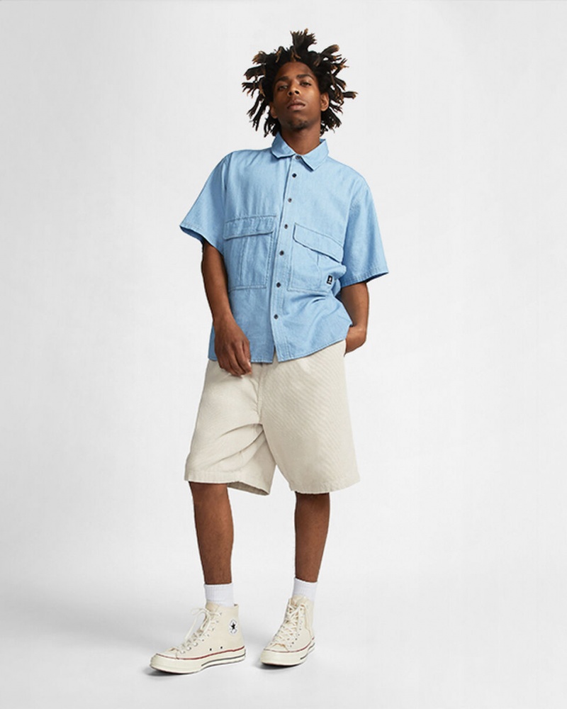 Converse Twill Denim Chambray Korta Sleeve Shirt Ljusblå | 526FURBOJ