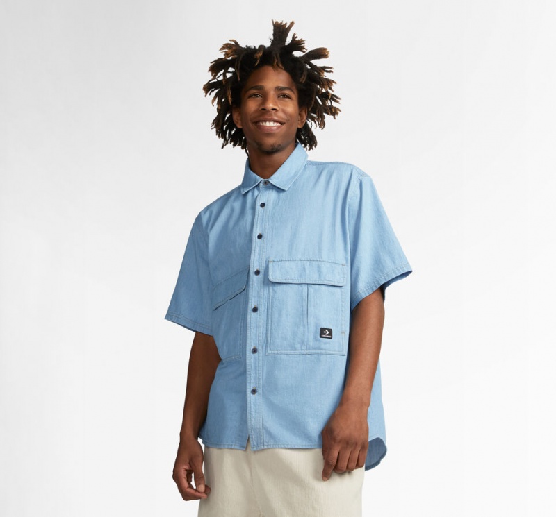 Converse Twill Denim Chambray Korta Sleeve Shirt Ljusblå | 526FURBOJ